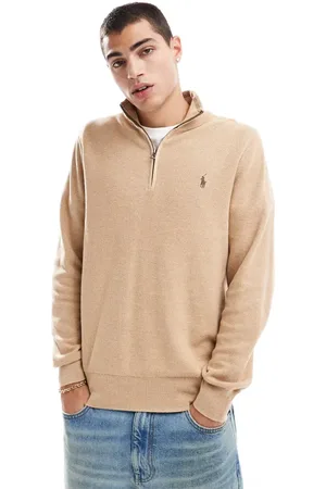 Ralph Lauren Icon logo half zip cotton knit jumper in camel marl
