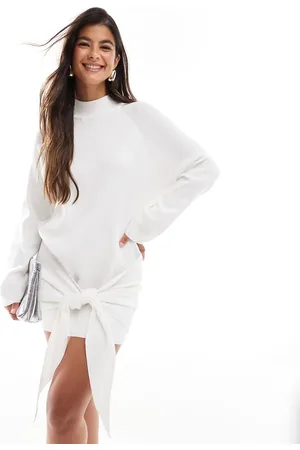 SNDYS Premium knitted knot front drape detail mini jumper dress in