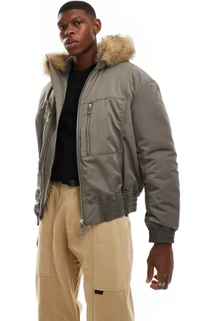 Weekday Padded bomber with faux fur hood in khaki