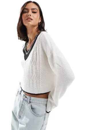 Miss Selfridge Varsity V neck slouchy jumper in cream