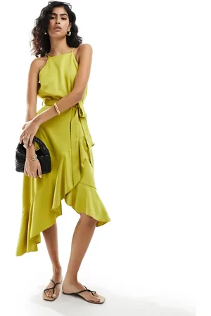 Style Cheat Halterneck cami midi dress with tie waist lime