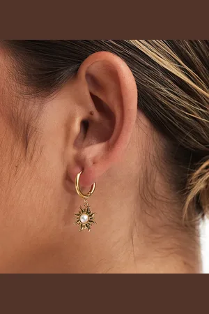 LOST SOULS Stainless steel 18ct plated hoop earrings with pearl sun charm