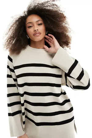 Object Knitted round neck jumper in cream mono stripe