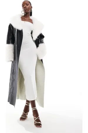 Simmi London Simmi contrast faux fur trim faux shearling maxi coat in and white