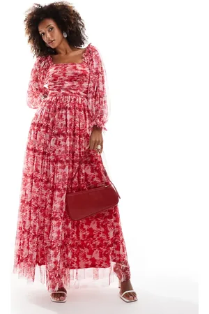 Lace & Beads Ruched balloon sleeve maxi dress in floral