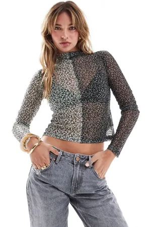 Brave Soul Long sleeve high neck mesh printed top in