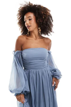 Lace & Beads Off shoulder balloon sleeve maxi dress in dusty