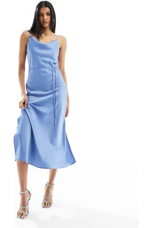 Y.A.S Bridesmaid satin maxi dress with tie waist detail in - LBLUE