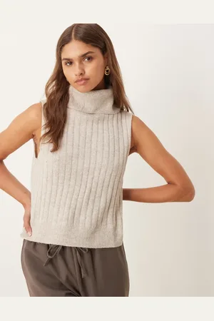 VILA Ribbed high neck sleevless knitted vest in natural melange