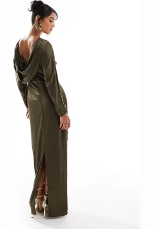 TFNC Long sleeve satin cowl back maxi dress in olive