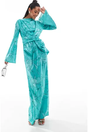 ASOS Twist front fluted sleeve maxi dress in jade outline floral print
