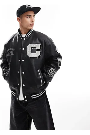 Bershka Faux leather varsity jacket in