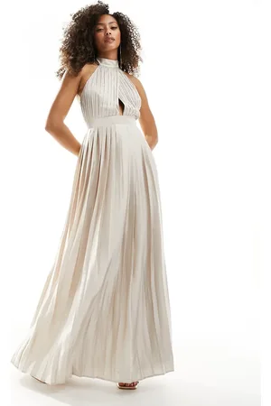 TFNC Bridesmaid satin pleated halterneck maxi dress with full skirt in champagne