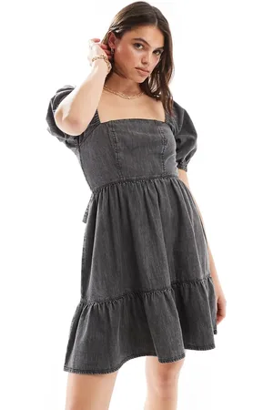 Miss Selfridge Puff sleeve denim mini dress in wash