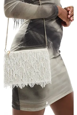True Decadence Tassle clutch bag with crossbody chain in cream