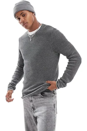 Brave Soul Textured crew neck jumper in & white