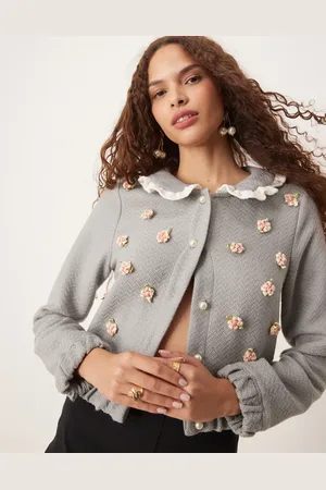 Sister Jane Contrast collar knit rose embellished cardigan in