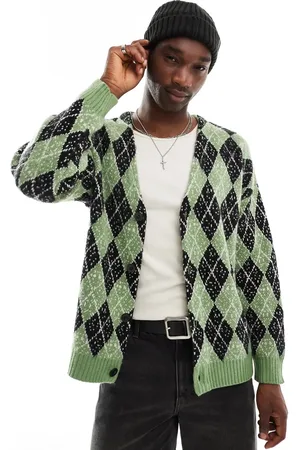 The Ragged Priest Argyle jacquard knit cardigan in green and black