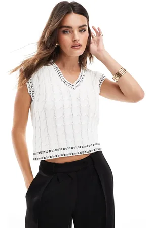 Miss Selfridge Tipped cable knitted vest in cream