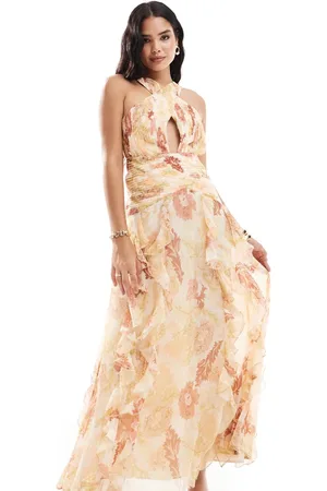 Pretty Lavish Cross over ruched ruffle maxi dress in vintage floral