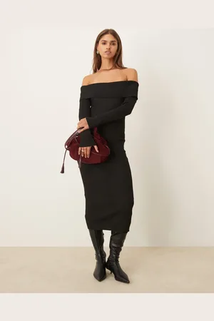 VILA Off the shoulder ribbed midi dress in