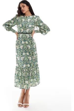 HOPE & IVY In collaboration with The William Morris Society high neck midi dress with bow back in based floral