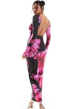 Kaiia Exclusive slinky long sleeve low back bodycon maxi dress in pink flower print