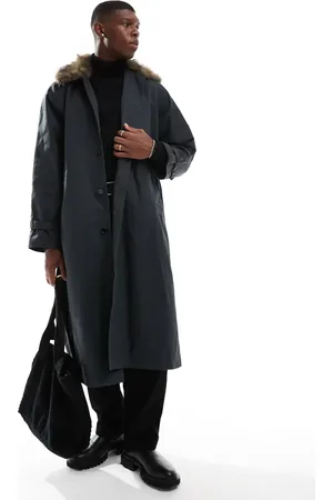 Weekday Wade oversized trench coat with faux fur collar in off
