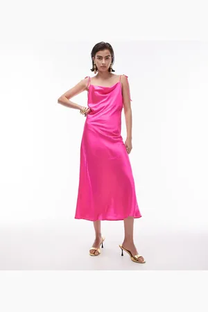 Topshop Cowl neck tie shoulder midi slip dress in fuschia