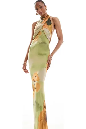 ASOS ASOS DESIGN Tall mesh sleeveless wrap front maxi dress in green & orange floral print
