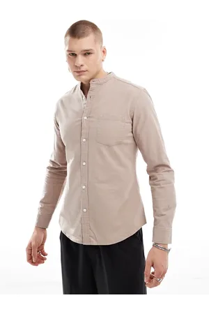 ASOS Slim oxford shirt with grandad collar in stone