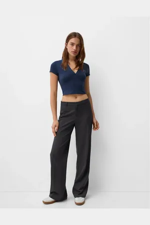 Bershka Wide leg tailored trousers in charcoal