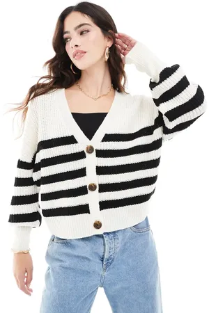 VERO MODA Button through chunky rib cardigan in and black stripe