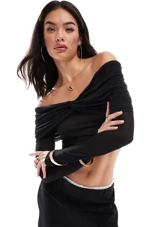 SNDYS Mesh bardot twist overlay detail top in