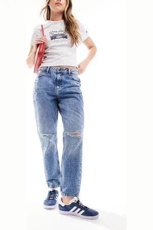 Noisy May Moni high waisted ripped straight leg jean in mid wash