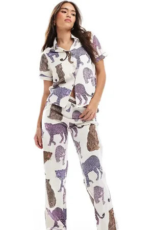 Chelsea Peers Exclusive cotton tonal leopard print button short sleeve top and trouser pyjama set in off