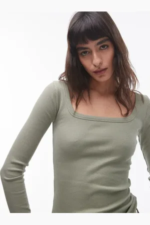 Topshop Square neck long sleeve top in khaki