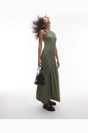 Topshop Shirred maxi dress with contrast top stitch in khaki