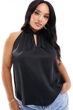 Pieces® Pieces Curve high neck satin key hole detail top in