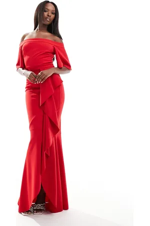 True Violet Ruffle bardot maxi dress in