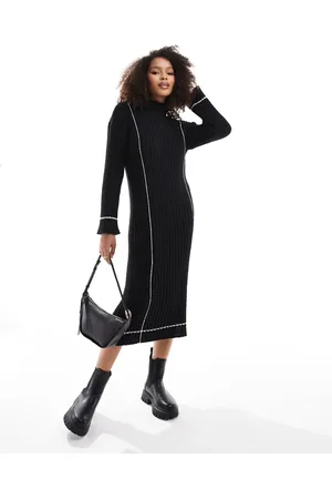 Y.A.S High neck knitted jumper midi dress in with contrast stitch