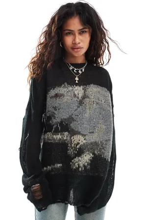 The Ragged Priest Oversized jumper with rat artwork in charcoal