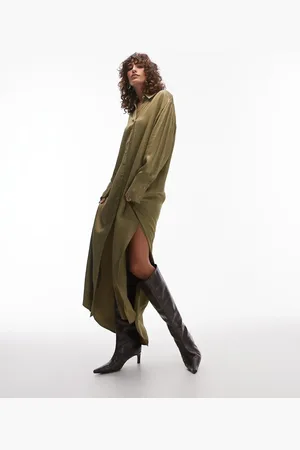 Topshop Premium satin maxi shirt dress with step hem in khaki