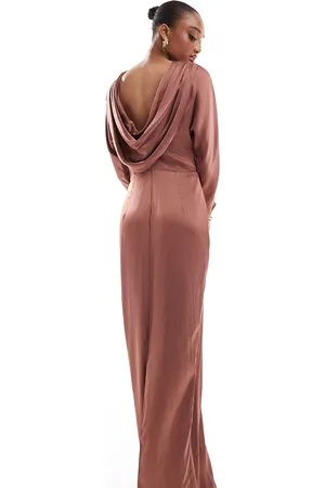 TFNC Long sleeve satin cowl back maxi dress in mulberry