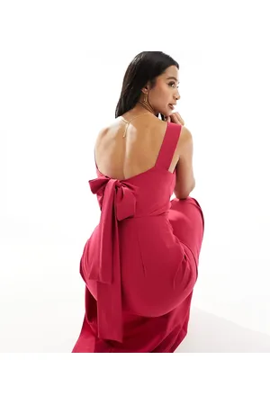 Vesper Bow back thigh spilt maxi dress in raspberry