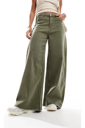 Monki Wide baggy denim trousers in washed khaki