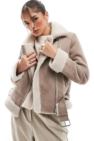Stradivarius Borg lined biker jacket in beige