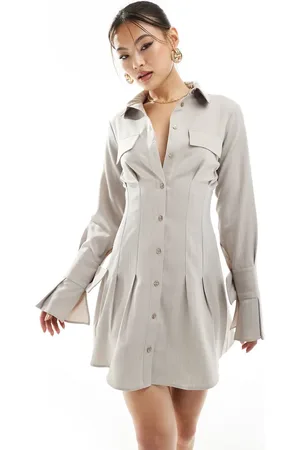 ASOS Mini shirt dress with oversized cuff detail in stone pinstripe
