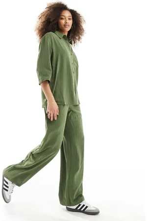 JDY High waisted wide leg trouser co-ord in khaki stripe