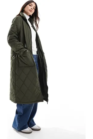 Pieces® High neck quilted longline coat in khaki